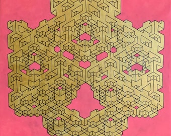 May include: Geometric abstract art piece featuring a gold-colored, complex, interlocking design on a vibrant pink background. The artwork has a symmetrical, almost floral shape, with black outlines defining the geometric forms. The overall effect is a striking contrast of colors and shapes.