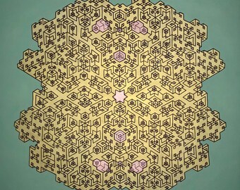 May include: Geometric abstract art piece with a complex pattern in yellow and black, featuring pink accents and a star shape at the center. The artwork is set against a teal background.