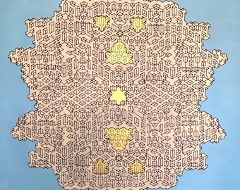 May include: Abstract geometric artwork featuring a complex pattern of interconnected shapes in black and off-white, with yellow accents. The design is set against a light blue background, creating a striking contrast. The overall shape resembles a stylized snowflake or floral design.