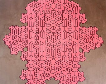 May include: A pink geometric artwork featuring a complex pattern of interconnected black lines and shapes. The design is set against a neutral, light brown background. The overall shape resembles a stylized figure or form.