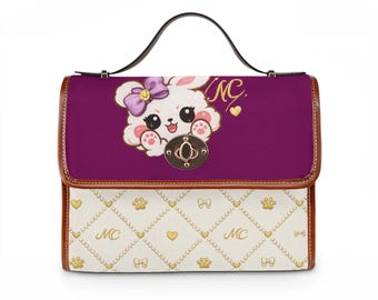 Cute Bunny Face Waterproof Canvas Bag | Purple Floral Bow Satchel