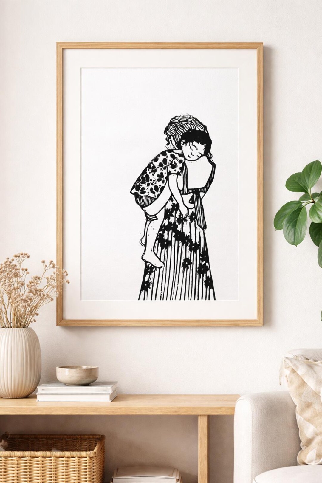 Linocut of a Mother and Child. Black and White. Hand-carved and Printed ...