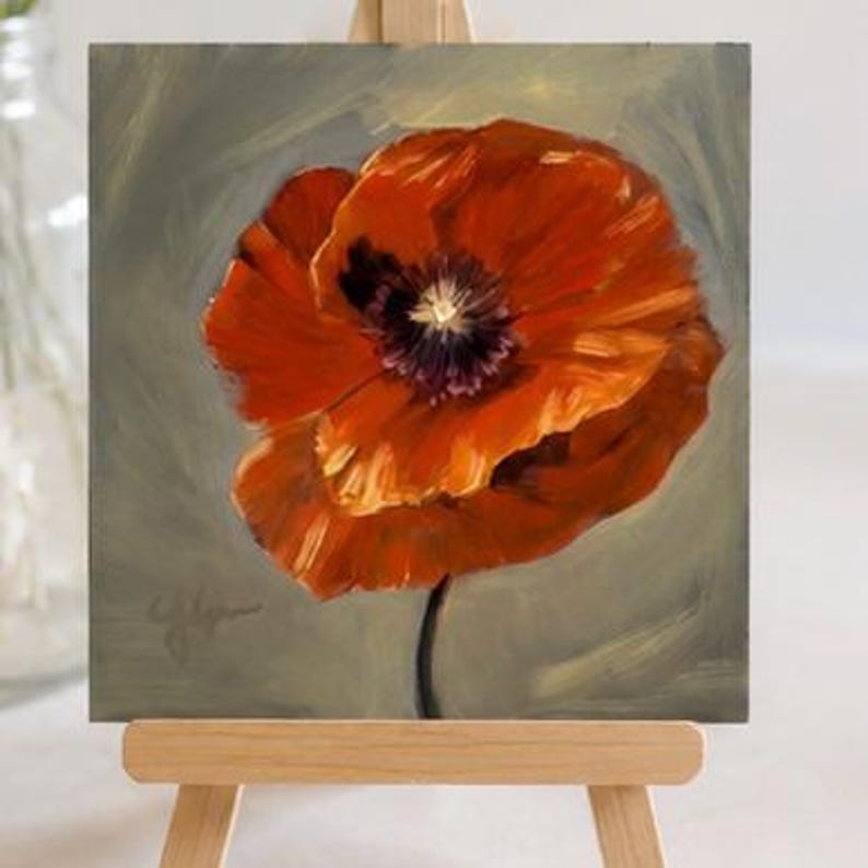 Original Red Poppy Painting 6x6 Floral Study | Small Oil Painting on ...