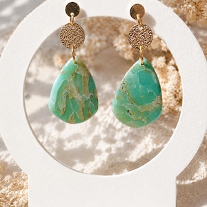 Caribbean Dangle Earrings – Turquoise & Gold Polymer Clay – Resin Finish – 316L Stainless Steel Posts