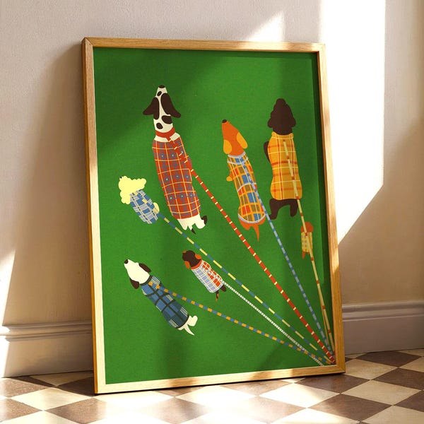 Dogs in Plaid Coats Poster, Whimsical Dog Illustration, Playful Pet Wall Art, Colorful Animal Print