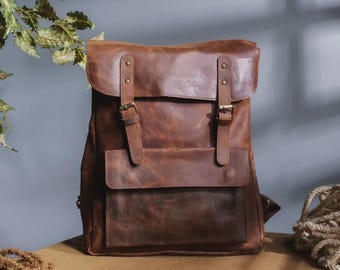 Full Grain Leather Rucksack, Vintage Men's Laptop Travel Backpack