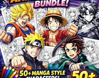 Anime Coloring Pages Bundle | 50 Manga & Shonen Characters | Printable PDF Download | Anime Coloring Book for Kids And Adults