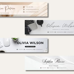 May include: Four email signature templates with names, titles, and contact information. The designs feature a neutral color palette with text in black and white. One template has the name "Adeline Palmer" and the title "Content Manager".