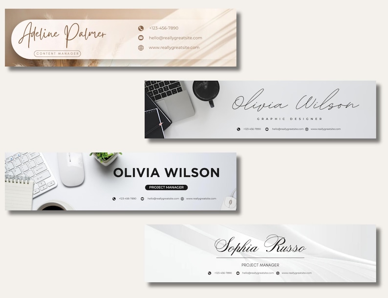 May include: Four email signature templates with names, titles, and contact information. The designs feature a neutral color palette with text in black and white. One template has the name "Adeline Palmer" and the title "Content Manager".