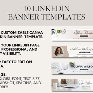May include: A digital product featuring 10 LinkedIn banner templates. The design includes examples with names, job titles, and contact information. Text on the image includes "Fully Customizable Canva LinkedIn Banner Template" and "Make your LinkedIn page more professional and boost visibility."