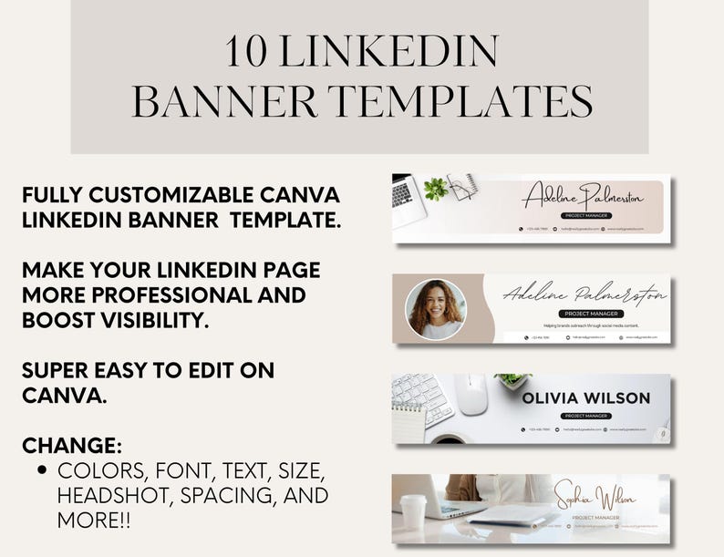 May include: A digital product featuring 10 LinkedIn banner templates. The design includes examples with names, job titles, and contact information. Text on the image includes "Fully Customizable Canva LinkedIn Banner Template" and "Make your LinkedIn page more professional and boost visibility."