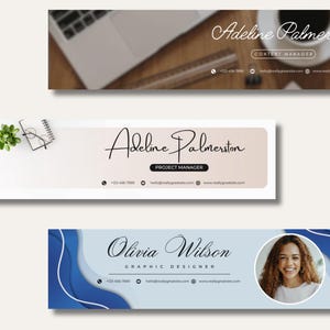 May include: Three email signature templates with names, titles, and contact information. The top template has a coffee cup and laptop in the background. The middle template has a laptop, plant, and glasses. The bottom template has a photo of a woman.