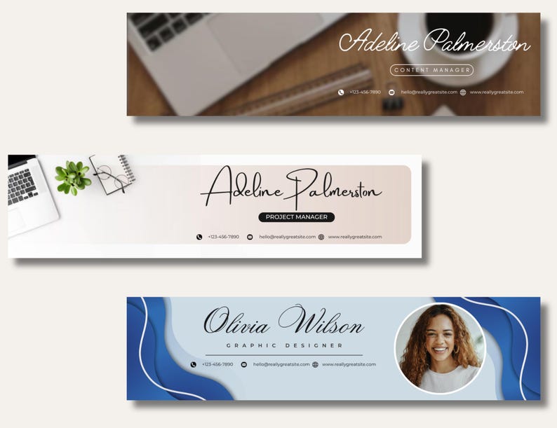 May include: Three email signature templates with names, titles, and contact information. The top template has a coffee cup and laptop in the background. The middle template has a laptop, plant, and glasses. The bottom template has a photo of a woman.