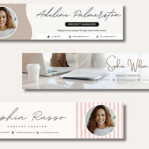 May include: Three banner designs featuring names, titles, and contact information. The top banner has a photo of a woman and the name "Adeline Palmerston, Project Manager." The middle banner shows "Sophia Wilson, Project Manager." The bottom banner shows "Sophia Russo, Content Creator."