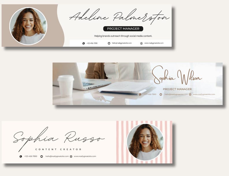 May include: Three banner designs featuring names, titles, and contact information. The top banner has a photo of a woman and the name "Adeline Palmerston, Project Manager." The middle banner shows "Sophia Wilson, Project Manager." The bottom banner shows "Sophia Russo, Content Creator."