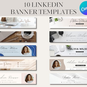 May include: Ten LinkedIn banner templates with various designs. Each banner features a name, job title, and contact information. The templates have a clean, modern aesthetic with a Canva logo in the upper right corner.