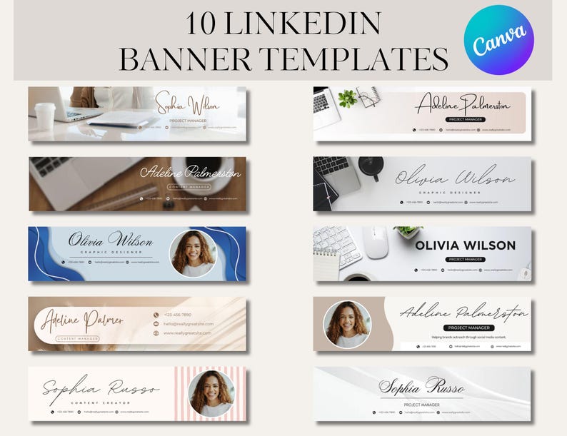 May include: Ten LinkedIn banner templates with various designs. Each banner features a name, job title, and contact information. The templates have a clean, modern aesthetic with a Canva logo in the upper right corner.