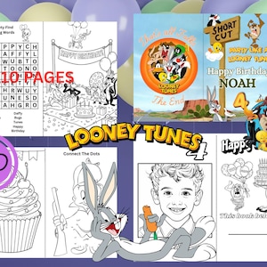 May include: A 10-page Looney Tunes themed birthday activity book featuring coloring pages, word searches, and connect-the-dots puzzles. The pages include illustrations of Bugs Bunny, Tweety, and other characters, with personalized text for Noah's 4th birthday.