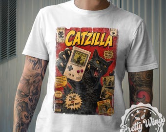 Catzilla Retro Gaming Shirt, Funny Cat Gamer Tee, Vintage Monster Cat Graphic T Shirt, Retro Handheld Game Parody Tee, Nerdy Cat Lover Shirt