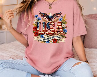 Patriotiska USA 250 år av frihet T-shirt, American Eagle blommig T-shirt, Vintage 4 juli-t-shirt, USA:s självständighetsdagsgrafik T-shirt