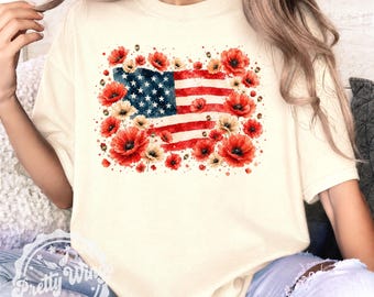 Patriotic Poppy Flower Tee, Memorial Day Poppy Flag Shirt, Coquette 4th of July Shirt, Americana Floral Graphic Tee, USA Women Shirt