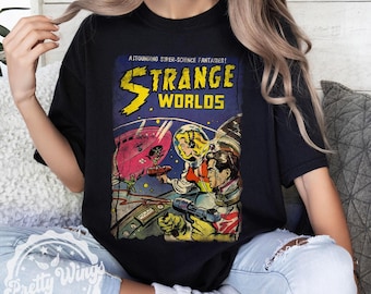 Vintage sci-fi-serietidningströja, Strange Worlds retro rymdtröja, Pulp Fiction-tröja med grafisk design från 1950-talet, klassisk science fiction-tröja