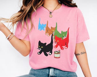 Vintage Cat Shirt, Pop Art Cat Tee, Cute Multicolor Cats T-Shirt, Artistic Cat Lover Shirt, Retro Cat Graphic Tee, Aesthetic Cat Shirt