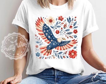 Patriotisk örn blommig skjorta, akvarell amerikansk flagga örn-t-shirt, kokett 4 juli-t-shirt, röd vit blå Americana-grafikt-t-shirt
