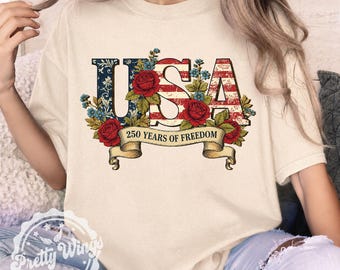 USA 250 år av frihet-tröja, patriotisk blommig amerikansk t-shirt, bekväma färger 4 juli-tröja, vintage USA 1776-2026 grafisk t-shirt