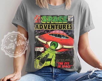 T-shirt med vintage-tema för rymdäventyr, retro sci-fi-serietidning, grafisk t-shirt med öga i rymden, Pulp Fiction-tröja från 1950-talet, retro-tröja med utomjordiskt rymdskepp