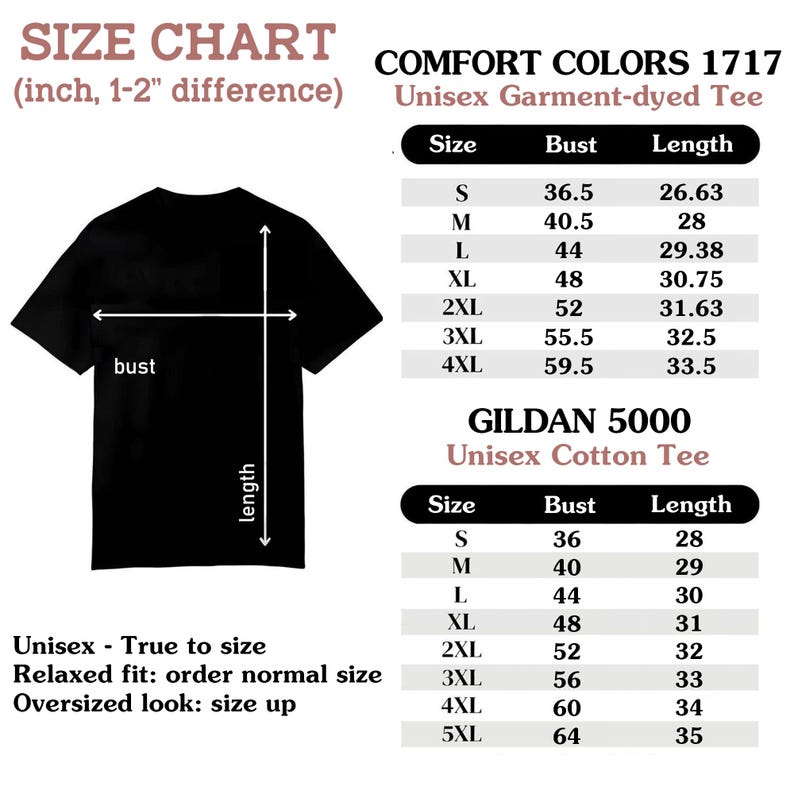 May include: Black t-shirt with bust and length measurements. Size charts for Comfort Colors 1717 and Gildan 5000 unisex tees are included, showing bust and length in inches. The text reads: "Unisex - True to size, Relaxed fit: order normal size, Oversized look: size up."