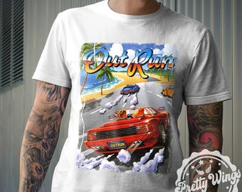 T-shirt med vintagemotiv, Outrun-inspirerad t-shirt, retro-videospelsinspirerad t-shirt, arkadbilgrafik från 80-talet, retro gamer-gåva