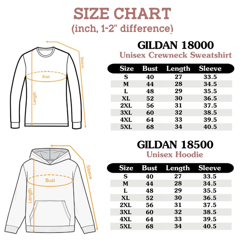 May include: A size chart for Gildan 18000 Unisex Crewneck Sweatshirt and Gildan 18500 Unisex Hoodie. The chart includes bust, length, and sleeve measurements in inches for sizes S to 5XL. The text "SIZE CHART" is at the top.