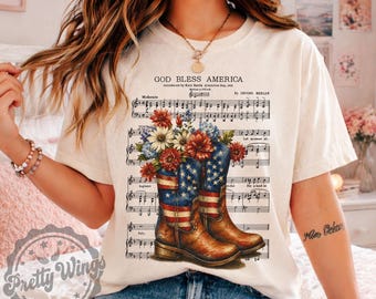 Patriotisk cowboystöveltröja, Gud välsigne Amerika grafisk t-shirt, vintage western patriotisk t-shirt, 4 juli-t-shirt, patriotisk gåva