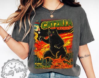 Catzilla Vintage Shirt, Funny Cat Monster Tee, Retro Horror Cat T Shirt, Kaiju Cat Graphic Tee, Cat Lover Gift, Japanese Style Cat Shirt