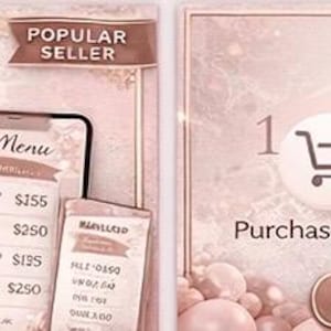 Puede incluir: Anuncio de producto digital en tonos rosa y dorado. La imagen incluye un tel&eacute;fono que muestra un men&uacute; de globos e instrucciones sobre c&oacute;mo comprar, descargar y editar la plantilla en Canva.