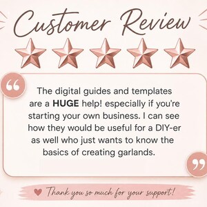 Puede incluir: Gr&aacute;fico de rese&ntilde;a de cliente en tonos rosa y beige. El texto "Customer Review" est&aacute; sobre cinco estrellas de oro rosa. Una burbuja de cita contiene texto sobre gu&iacute;as y plantillas digitales. Globos y estrellas decoran el fondo.