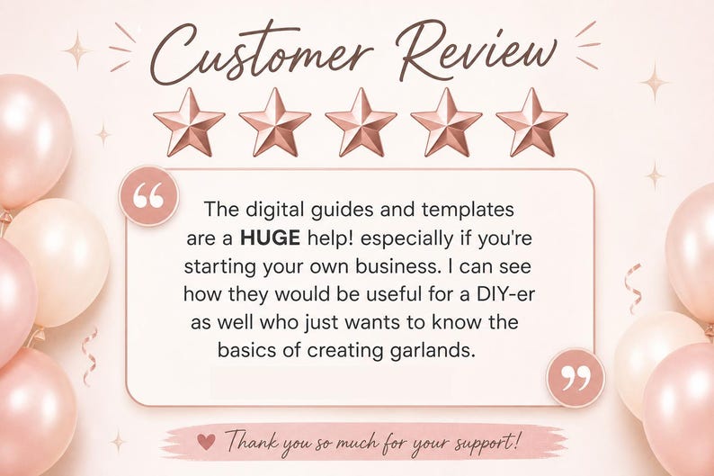 Puede incluir: Gr&aacute;fico de rese&ntilde;a de cliente en tonos rosa y beige. El texto "Customer Review" est&aacute; sobre cinco estrellas de oro rosa. Una burbuja de cita contiene texto sobre gu&iacute;as y plantillas digitales. Globos y estrellas decoran el fondo.