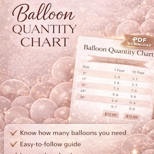 Könnte beinhalten: Ein druckbares Ballonmengen-Diagramm zur Planung von Ballongirlanden. Die Tabelle zeigt die benötigten Ballonmengen für Girlandengrößen von 12.7 cm bis 91.4 cm, mit PDF-Download-Option. Der Hintergrund ist ein weicher rosa Farbverlauf mit Ballonillustrationen.