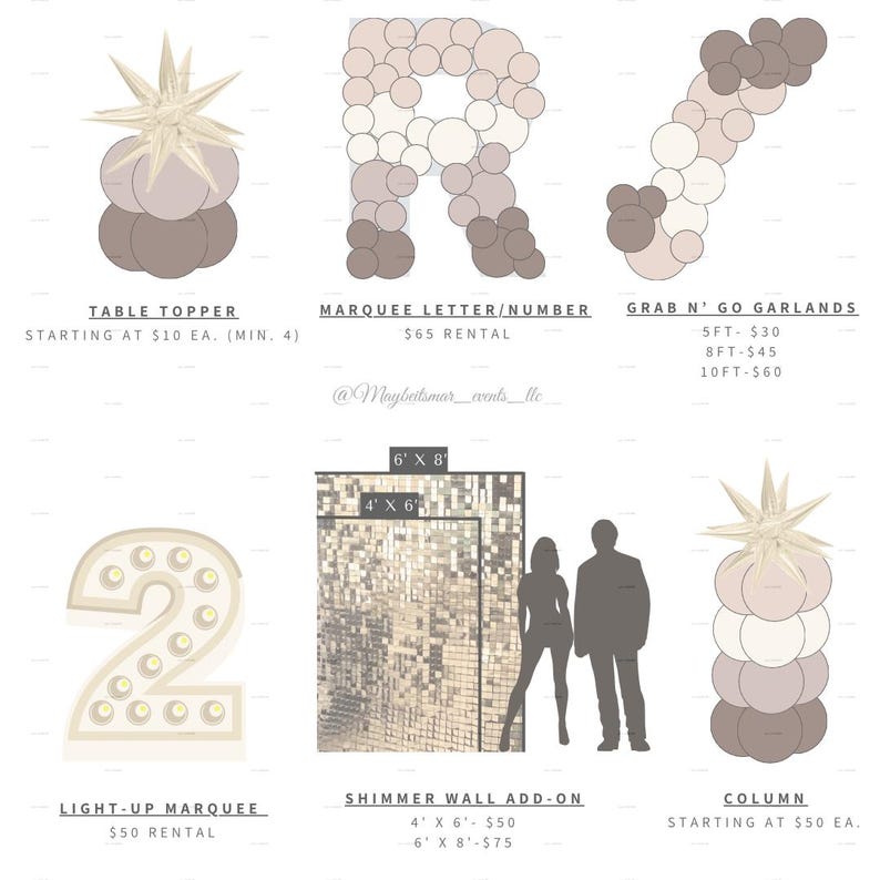 Puede incluir: Imagen que muestra opciones de decoraci&oacute;n de eventos, incluyendo un adorno de mesa, letras de marquesina, guirnaldas, un n&uacute;mero de marquesina iluminado, un complemento de pared brillante y una columna. La decoraci&oacute;n presenta tonos neutros.