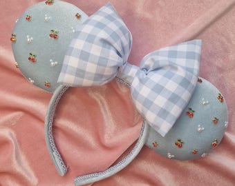 Blue Velvet Mouse Ears with Gingham Bow, Cherries and Pearls | Handmade Minnie Ears | Disney Inspired Ears | Cherry Summer Vibes