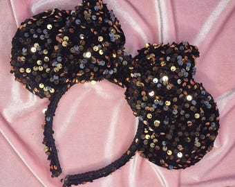 Black & Gold Sequin Mouse Ears | Sparkly Handmade Park Ears | Disney Inspired Ears | Disneyland Inspired Ears | Magical Park Accessories