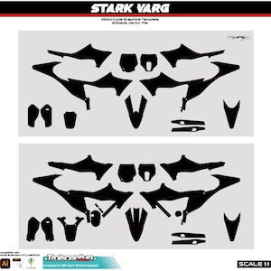Peut inclure: Gabarit de graphiques de moto noirs avec diverses formes et composants. Le texte "STARK VARG" est en haut, avec "Motorcycle Graphics Template Editable Vector File". Comprend le texte "Troiscentun. Instantly Direct Download" et "SCALE 1:1".