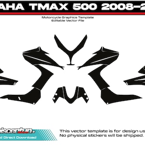 Peut inclure: Gabarit graphique noir pour moto Yamaha TMAX 500 modèles 2008-2012. Le design comprend diverses formes et contours de pièces de moto. Le texte en haut indique "YAMAHA TMAX 500 2008-2012". Le modèle est un fichier vectoriel.
