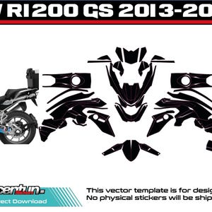 May include: A digital motorcycle graphics template for a BMW R1200 GS 2013-2016, featuring a side view of the motorcycle with blue and white decals and a layout of black vector shapes for body panels. Includes text labels and software icons.