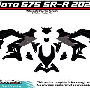 May include: A black and gray motorcycle graphics template for the CFMOTO 675 SR-R 2025 model. The image displays various vector shapes, including text that reads "Motorcycle Graphics Template" and "Editable Vector File". The template is for design use only.