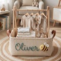 Personalized Baby Storage Basket Custom Name Baby Shower Gift Nursery Organizer Leather Handles 3D Chunky Yarn Embroidered Newborn Baby
