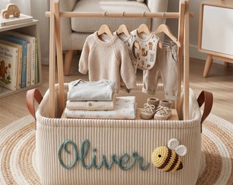 Cesta de almacenamiento para bebé personalizada con nombre personalizado, regalo para baby shower, organizador para guardería, asas de cuero, bordado en hilo grueso 3D para recién nacidos.