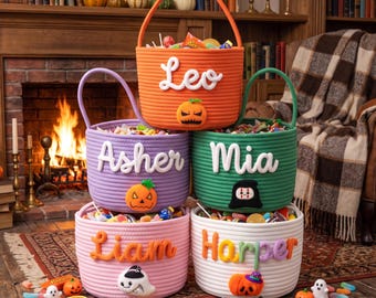 Personalisierter Halloween-Korb mit Namen und Plüschtier, individueller Süßigkeiten-Eimer, wiederverwendbarer Geschenkkorb für Kinder