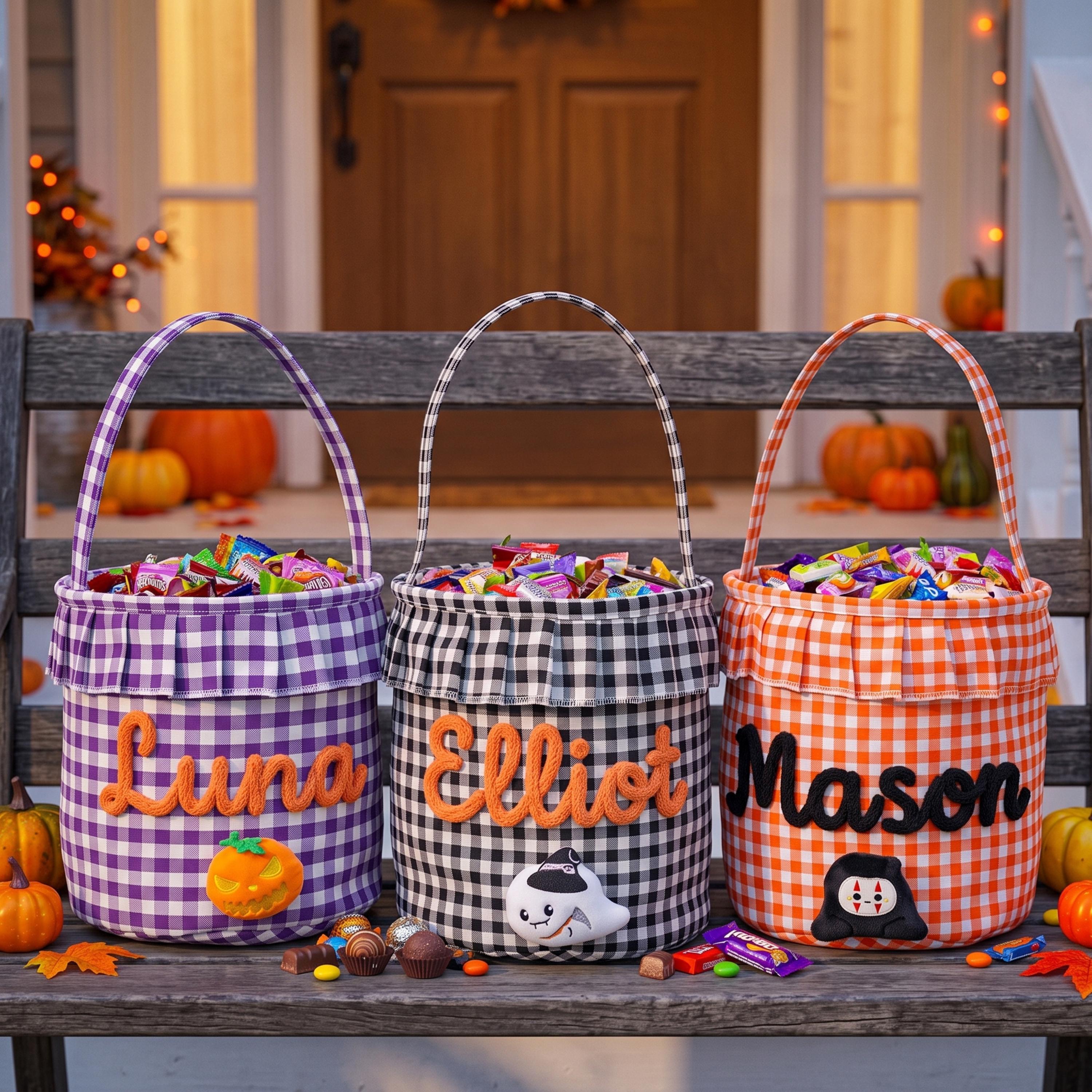 Plaid Trick or Treat Basket for Kids with Custom Name, Personalized Gingham Halloween Candy Bucket and Ruffle Boo Basket Gift, Fall Gift